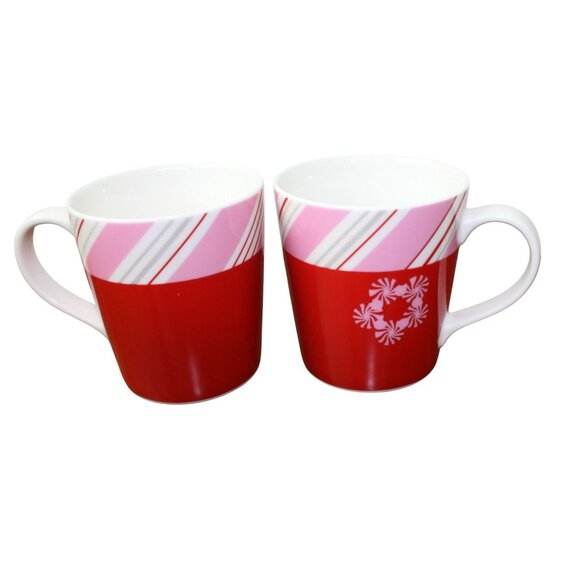 Starbucks Holiday 2007 Ceramic Mugs Red & Pink Candy Cane Stripe Design Set Of 2 - Picture 4 of 6